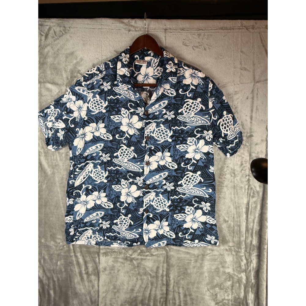 Ron Jon Surf Shop Mens XL Blue Tropical Hibiscus Surfing Turtle Button Up Shirt